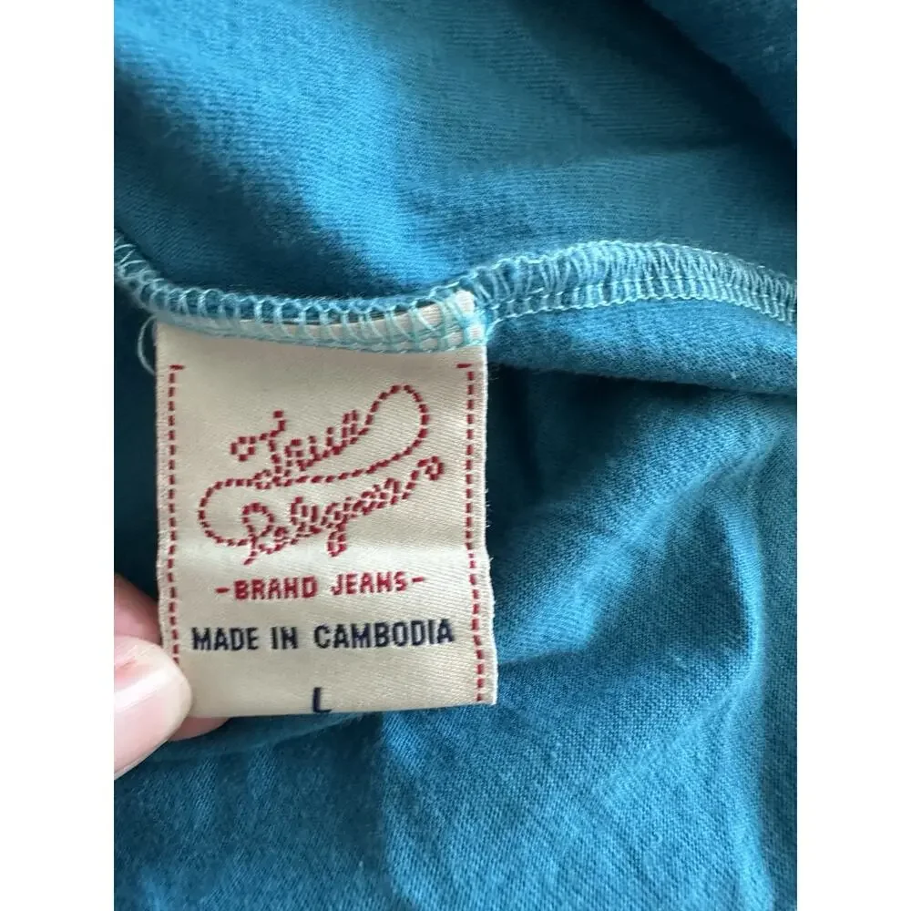 True Religion Brand Jeans Long Sleeve Ringer T-shirt Aqua & Navy Blue Large